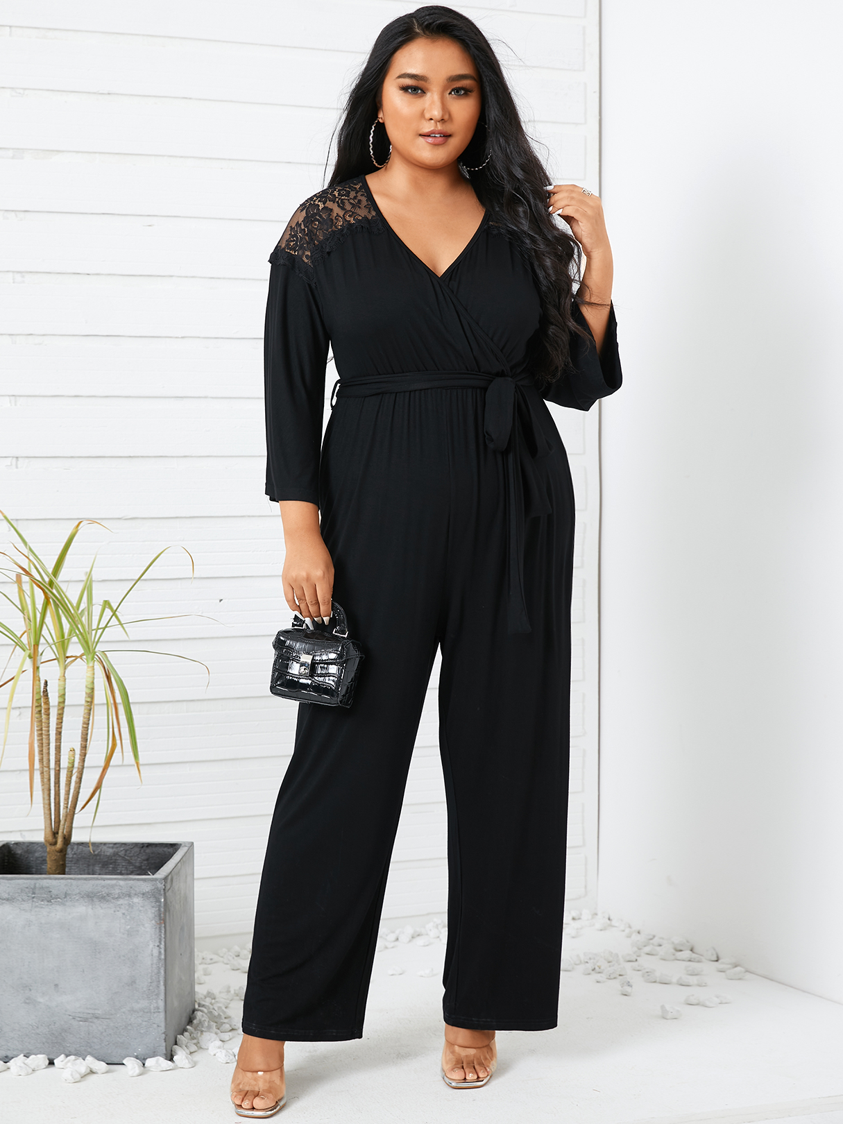 YOINS Plus Size Lace Patchwork V-neck Wrap Design 3/4 Length Sleeves Jumpsuit