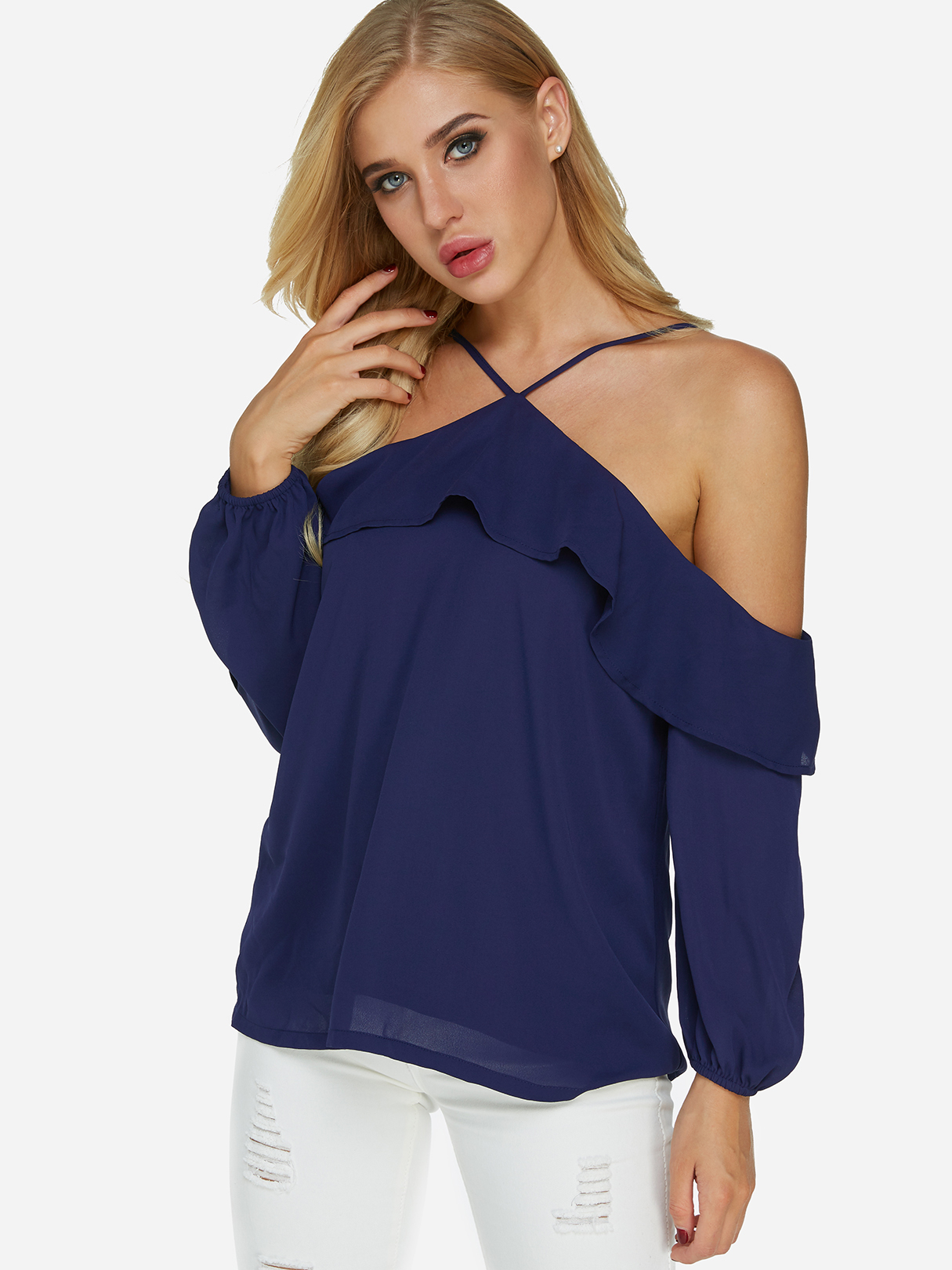 Blue Backless Cold Shoulder Design Long Sleeves Blouse With Flounced Details