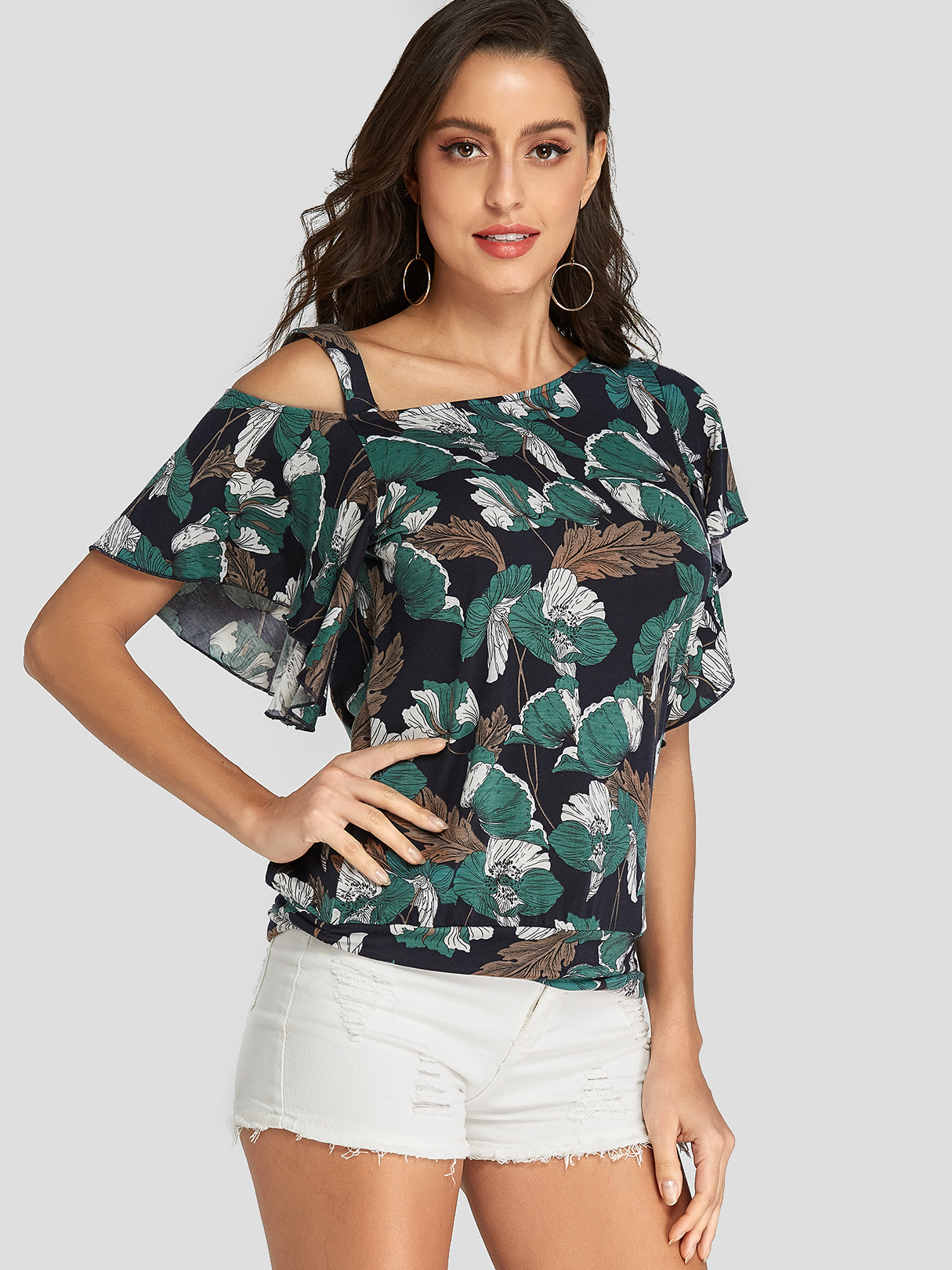 YOINS Dark Blue Ruffle Trim Leaf Print One Shoulder Tee