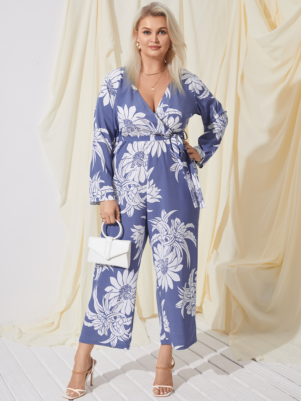 YOINS Plus Size Deep V Neck Floral Print Belt Design Long Sleeves Jumpsuit