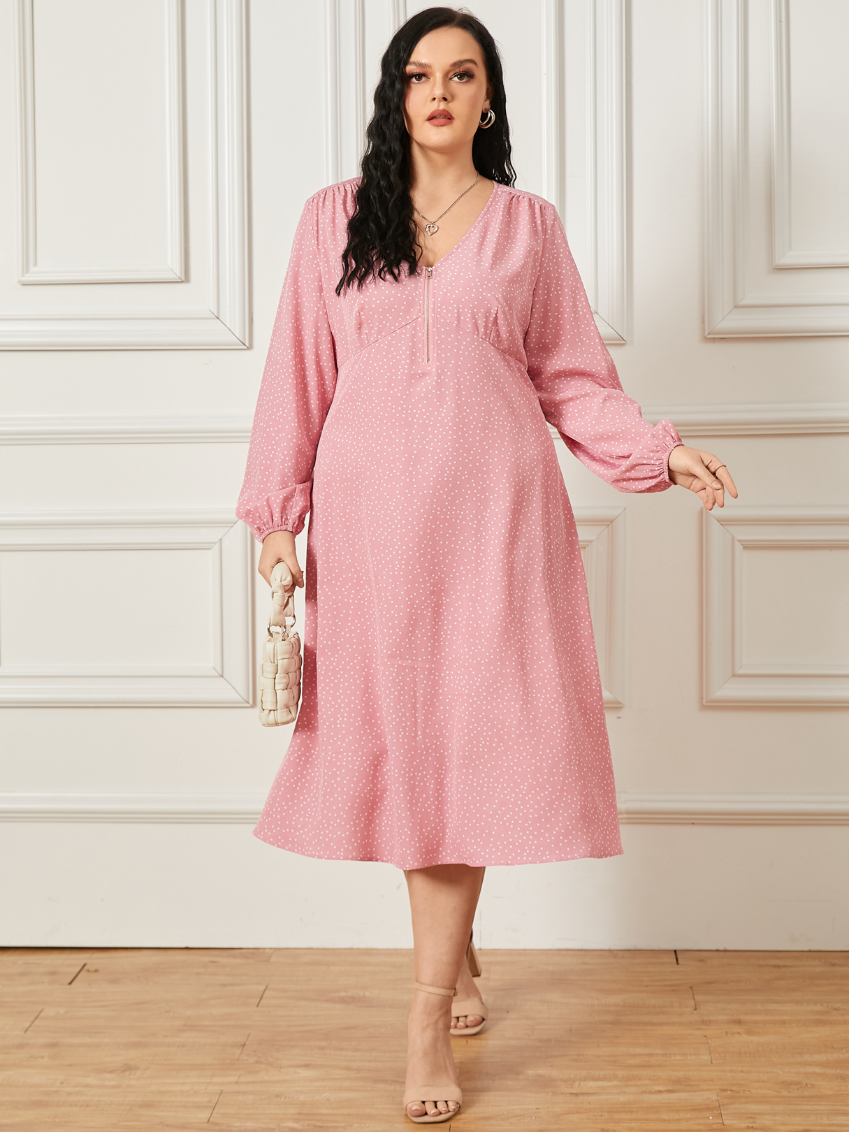 YOINS Plus Size V-neck Polka Dot Zip Front Long Sleeves Dress