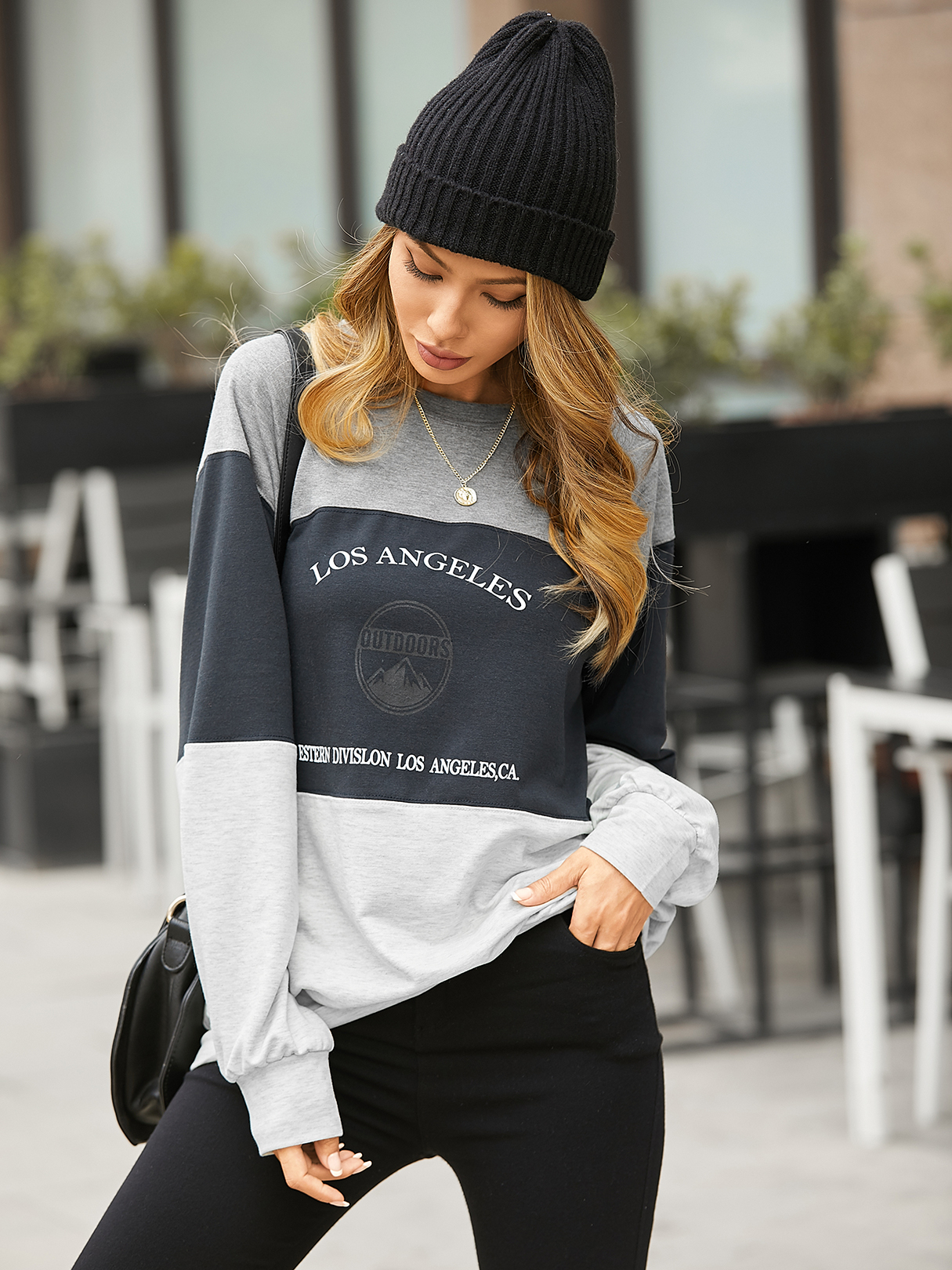 YOINS Graphic Letter Patchwork Crew Neck Long Sleeves Sweatshirt
