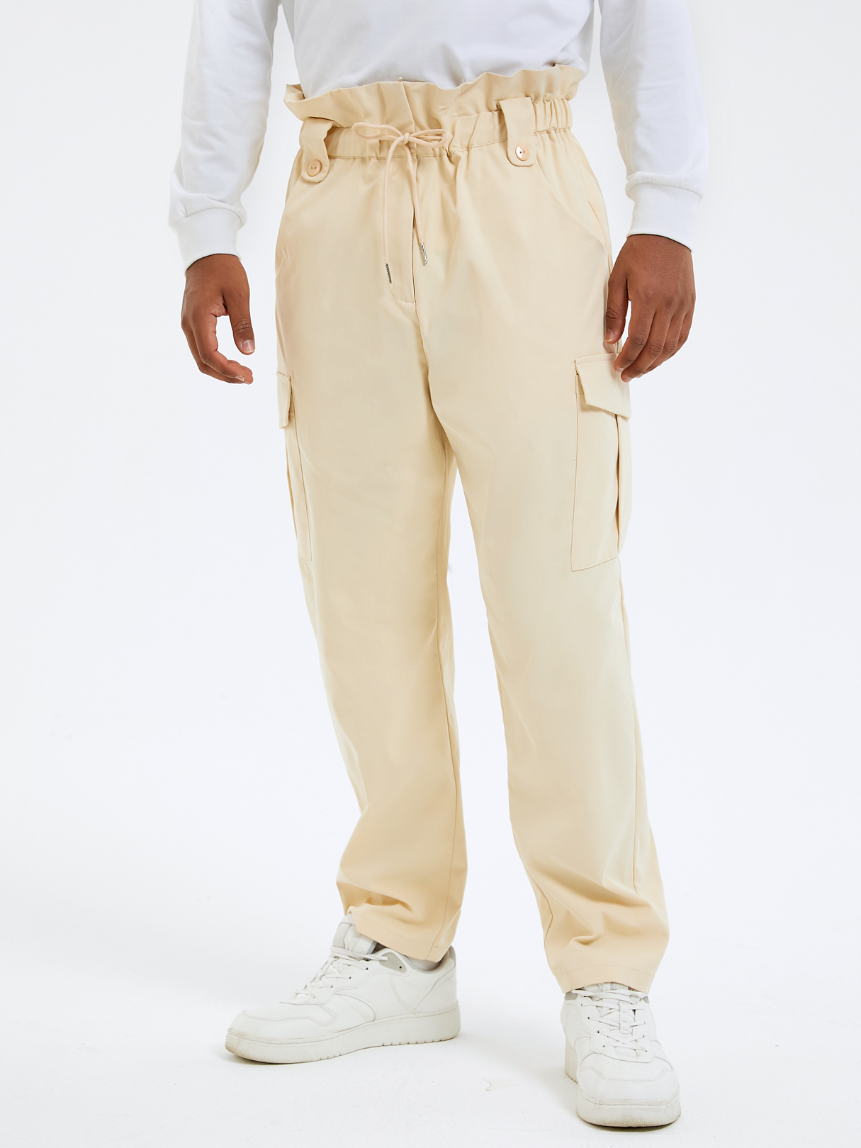 Men Fashion Apricot High Waist Casual Paperbag Pants
