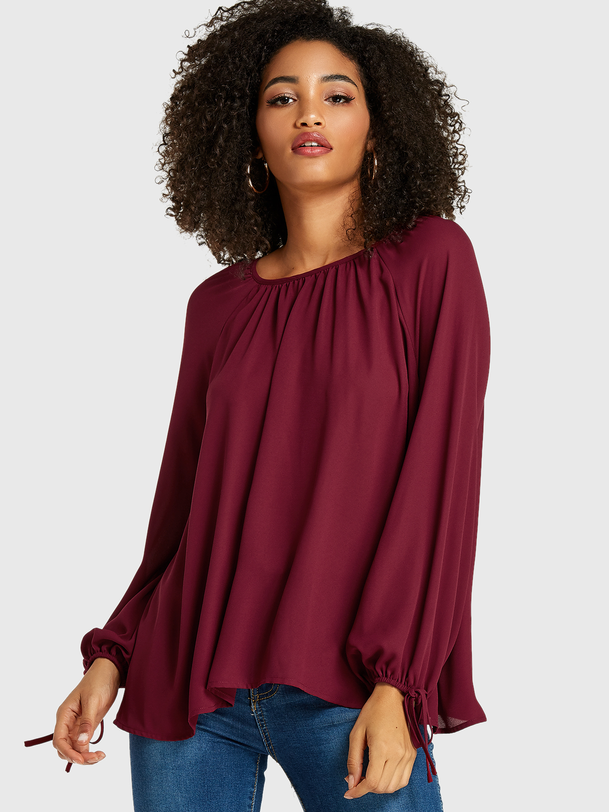 YOINS Burgundy Tie-up Design Round Neck Long Sleeves Blouse