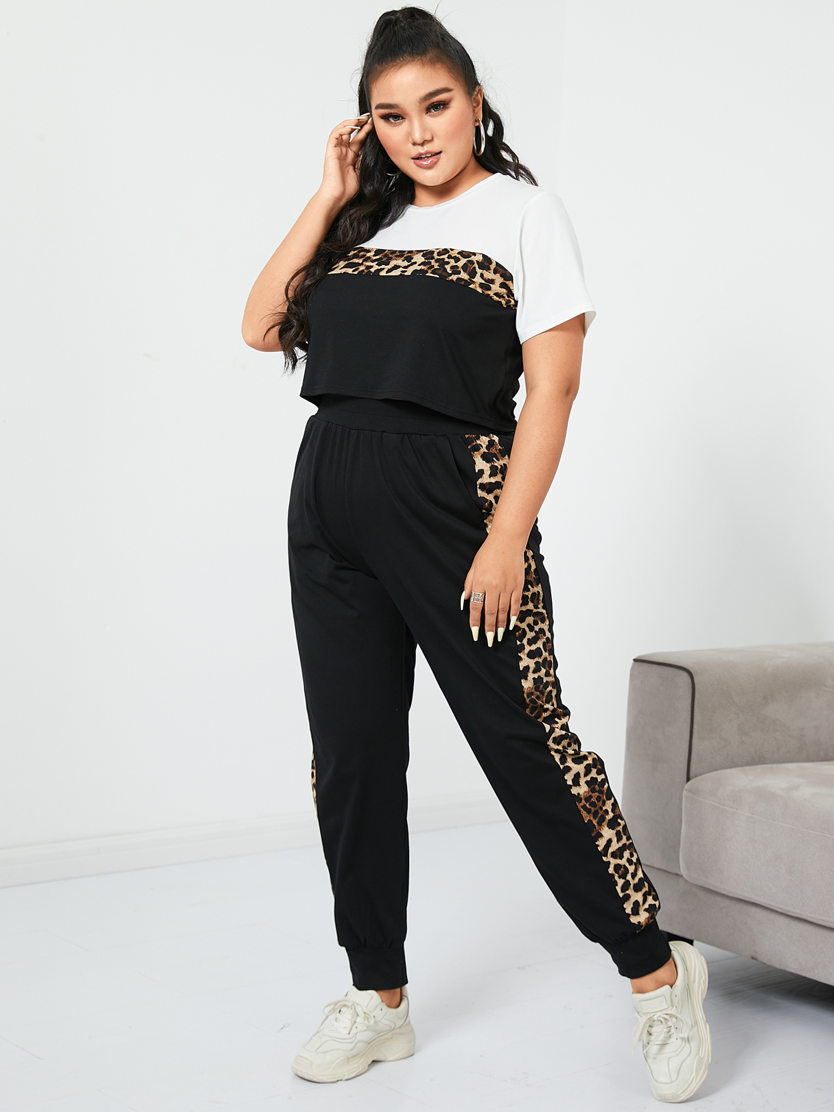 YOINS Plus Size Leopard Short Sleeves Two Piece Outfit