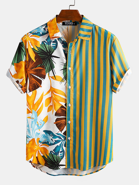 Men Summer Hawaii Beach Patchwork Random Tropical Striped Bohemian Shirt