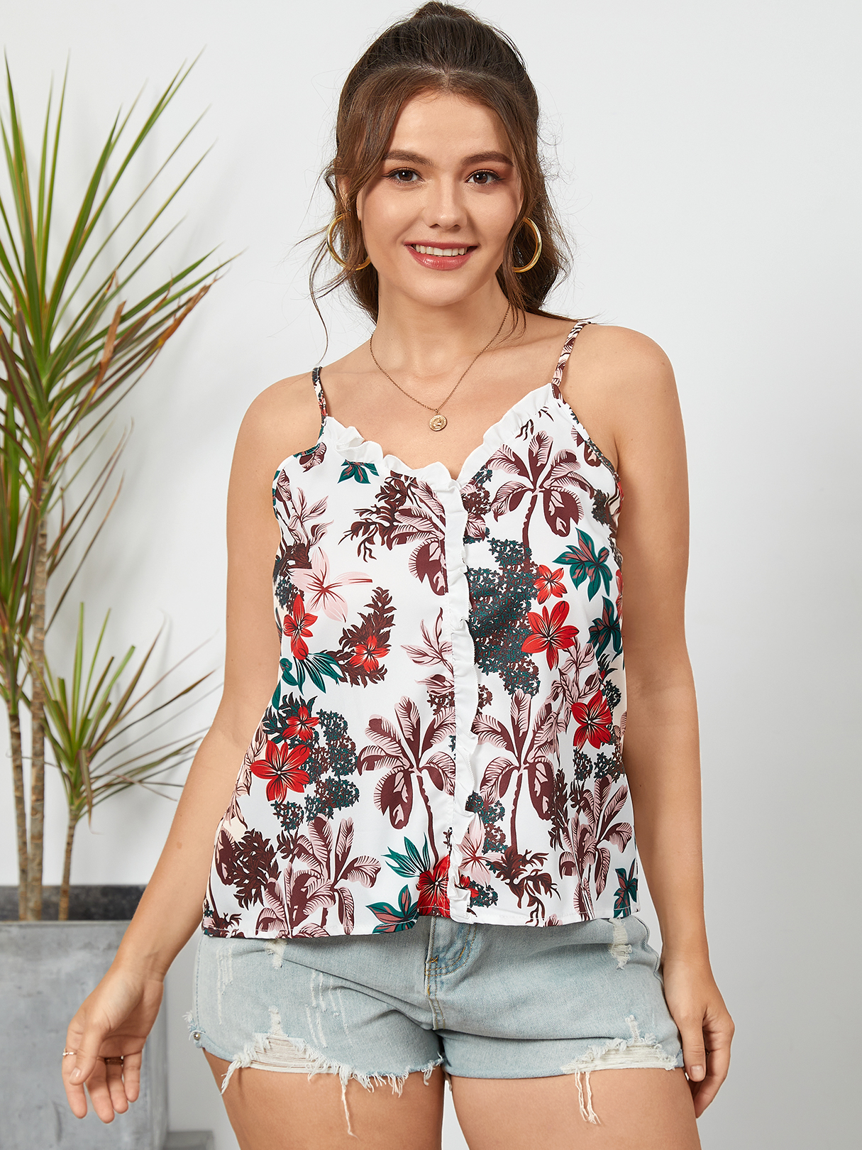 Plus Size White Spaghetti Tropical Ruffle Trim Sleeveless Cami