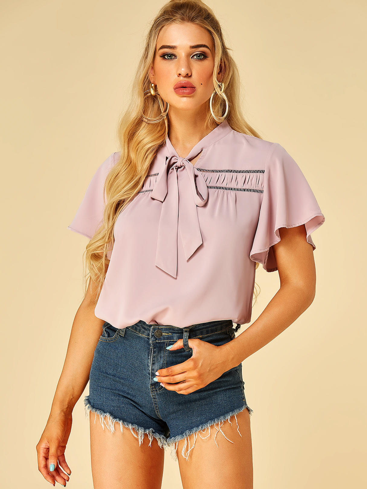 YOINS Pink Bowknot Stand Collar Short Sleeves Blouse
