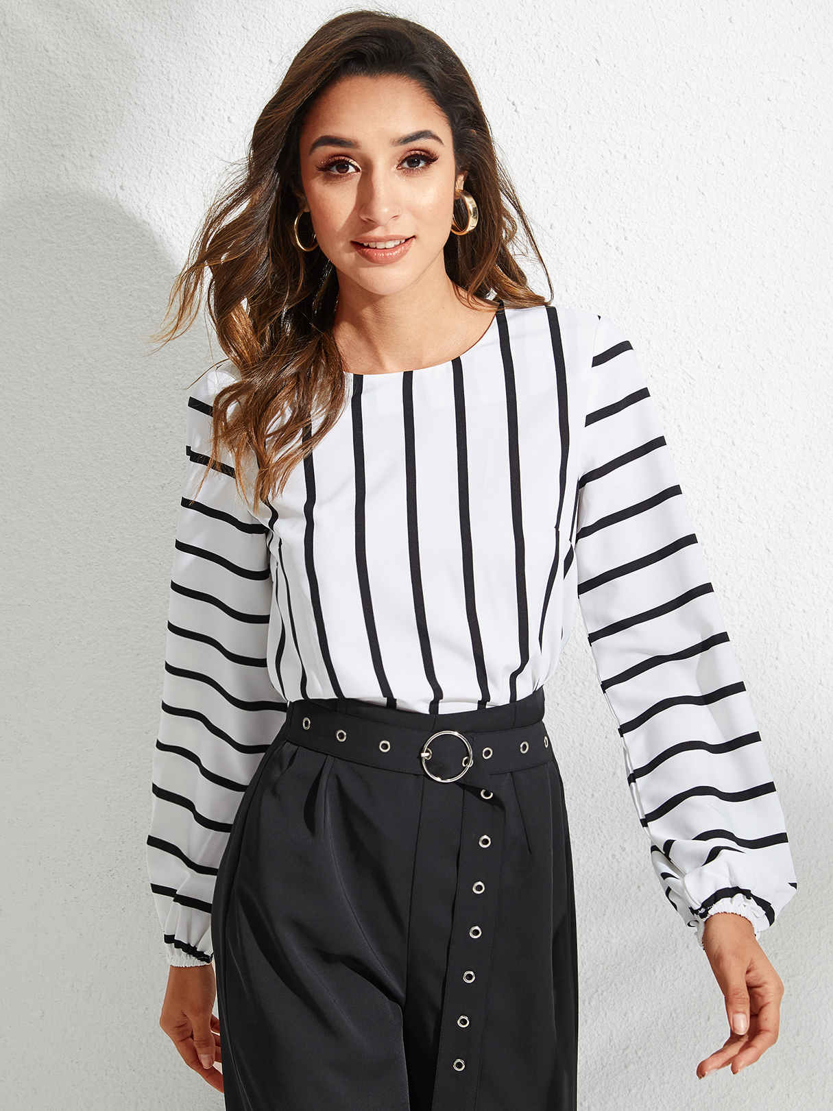 YOINS BASICS White Striped Round Neck Elastic Sleeves Top