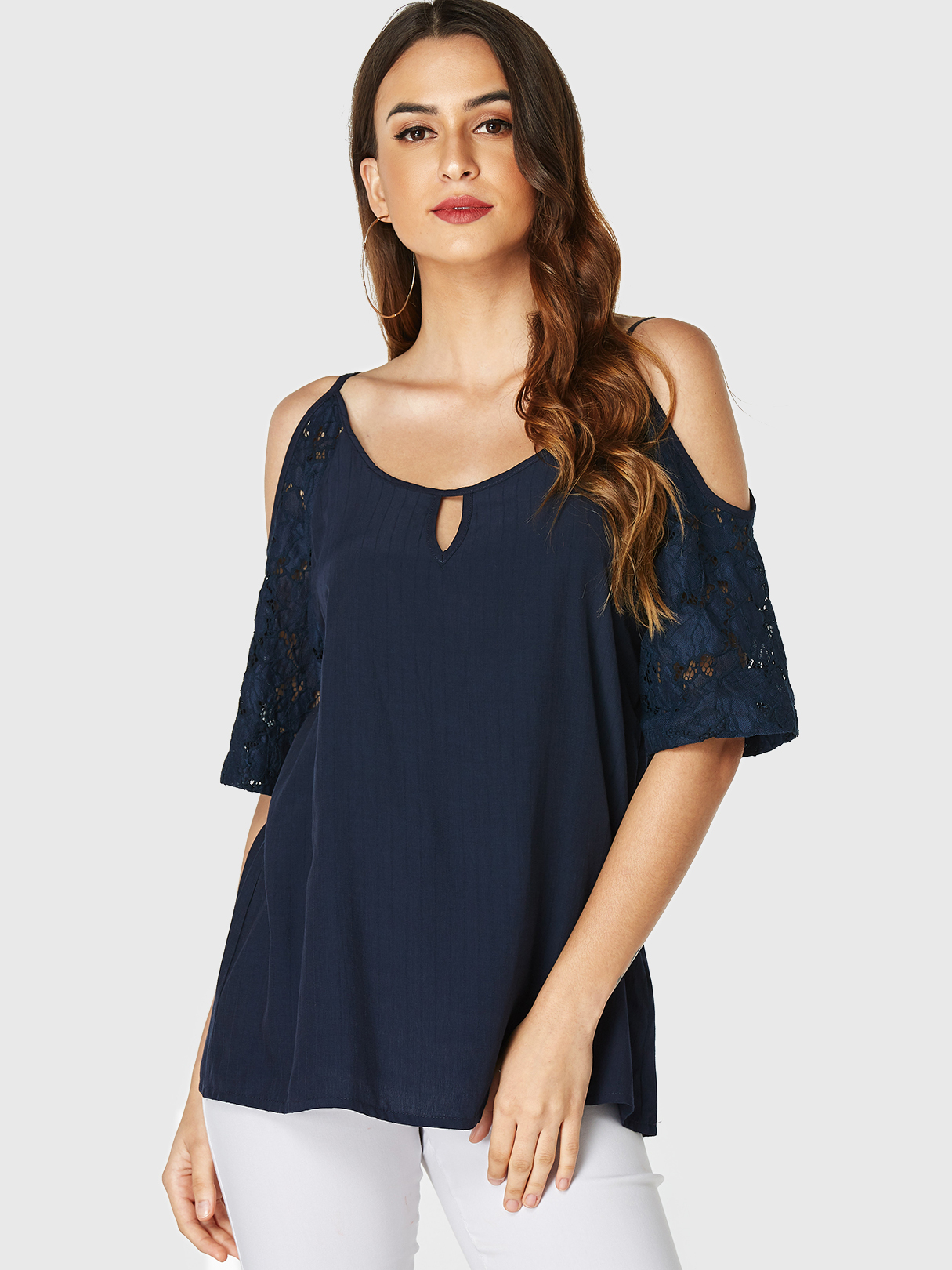 YOINS Navy Cut Out Cold Shoulder Half Sleeves Blouse
