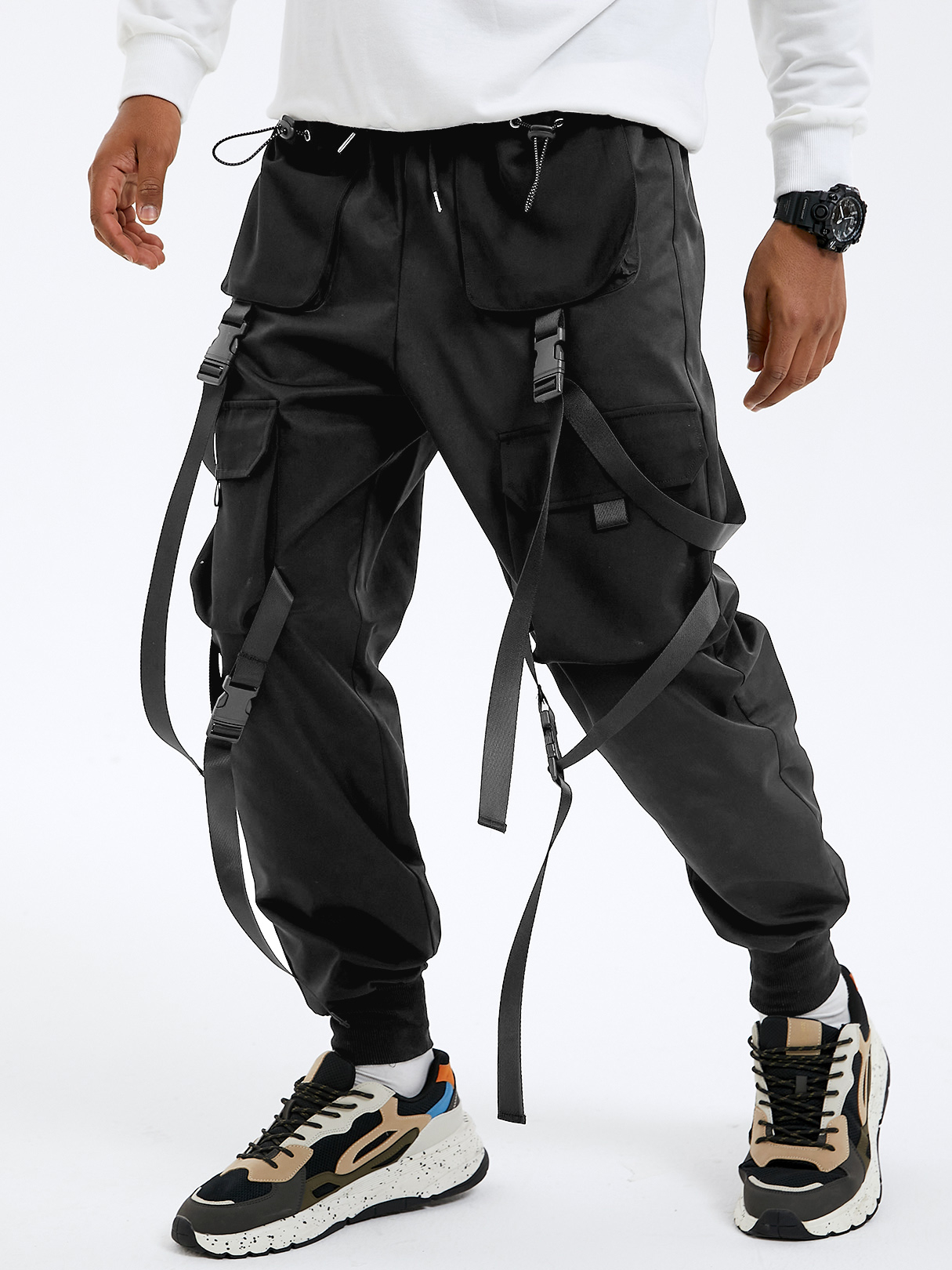 Men Street Style Plain Buckle Ribbon Design Drawstring Cargo Pants