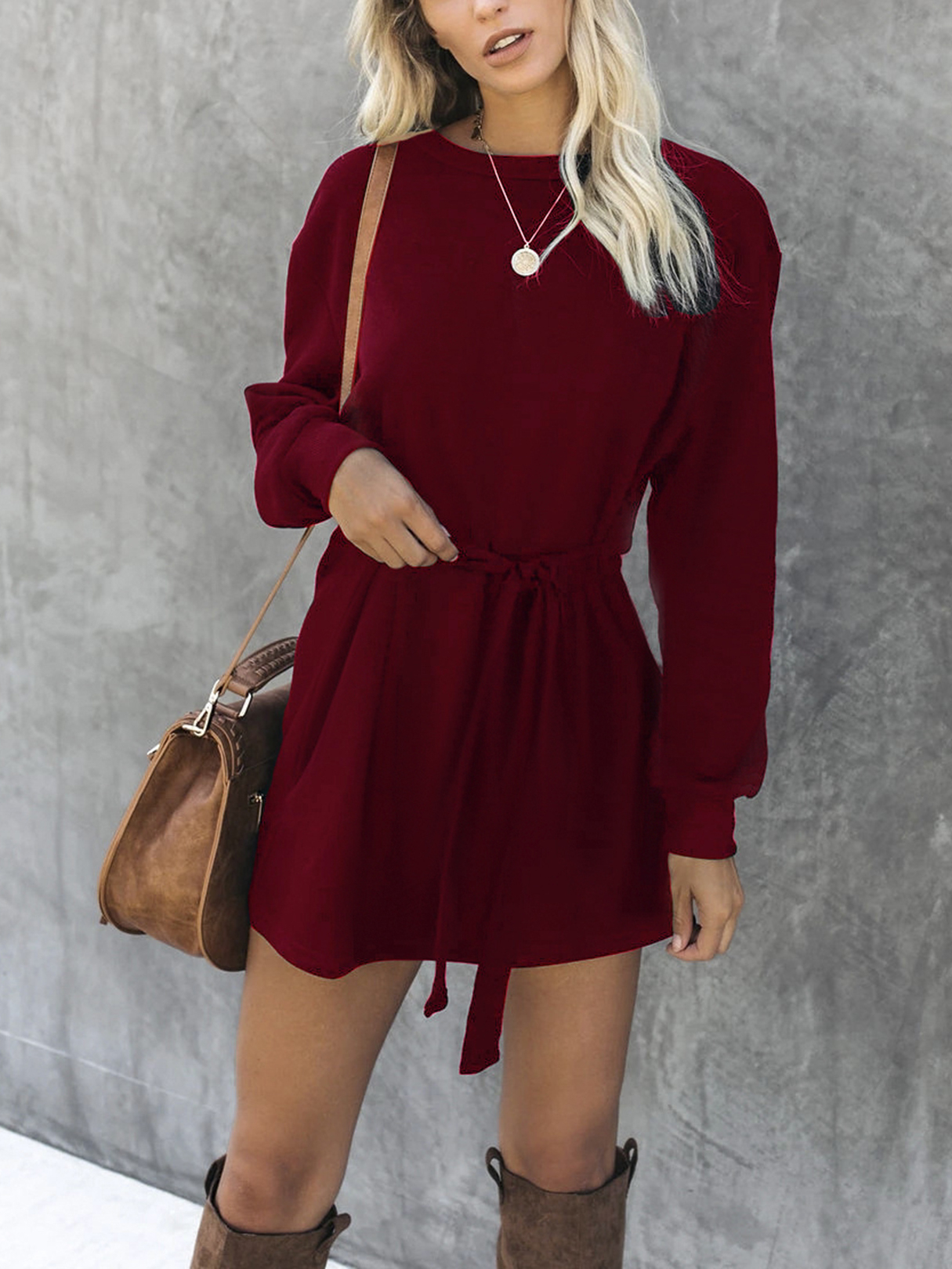 Burgundy Belt Design Round Neck Long Sleeves Dress