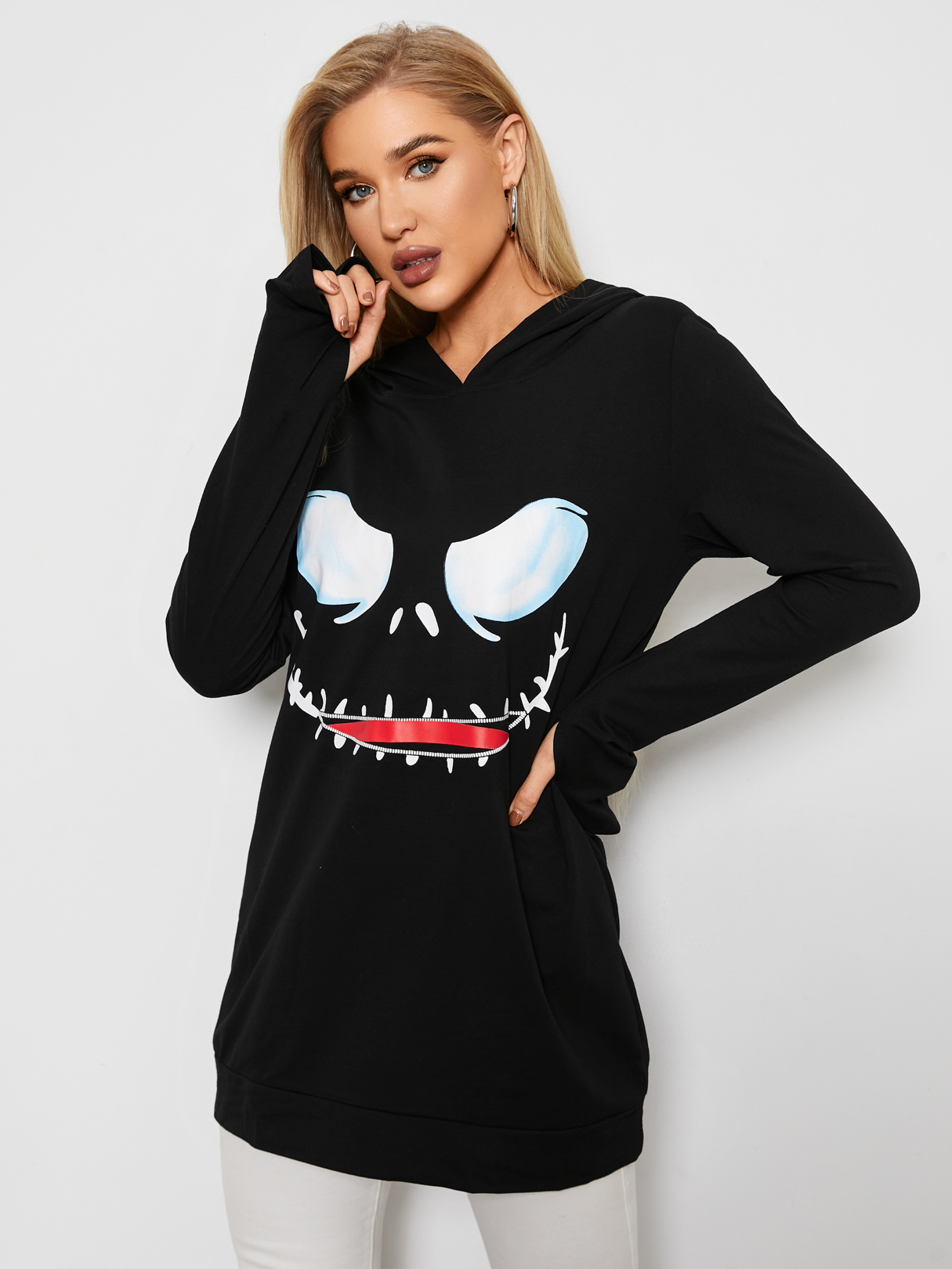 Black Pumpkin Round Transparent Long Sleeves Halloween Hoodie Dress