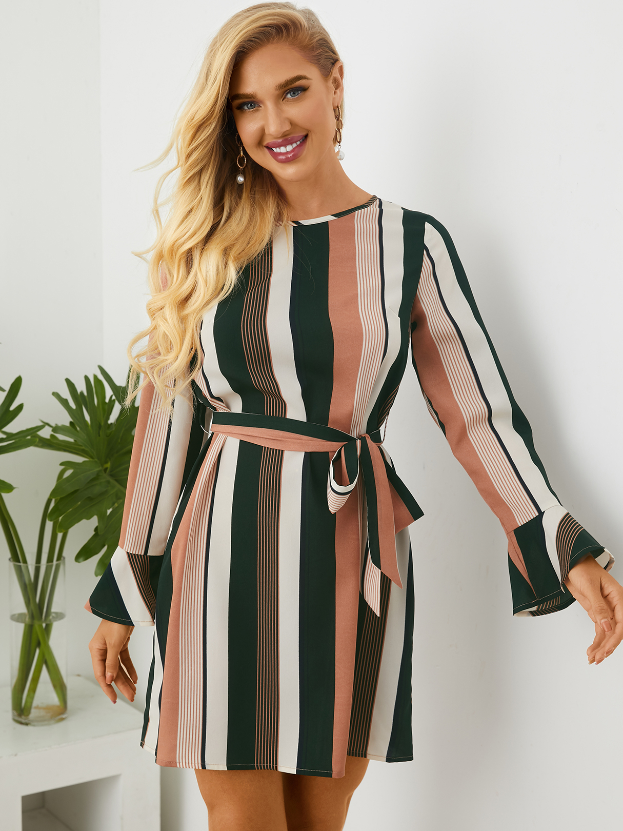 YOINS Striped Belt Ruffle Crew neck Long Sleeves Midi Dress