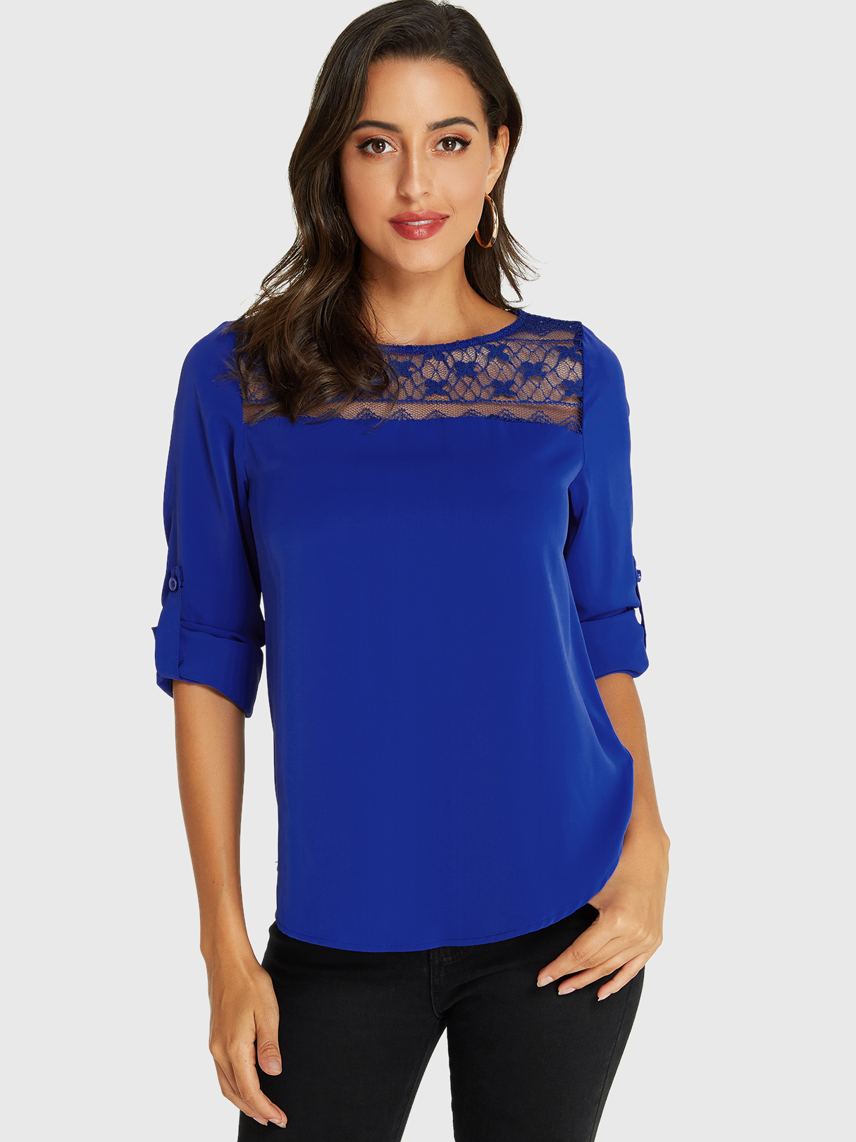 YOINS Blue Lace Insert Round Neck Long Sleeves Blouse