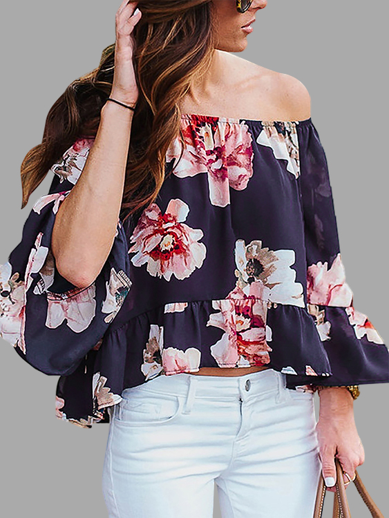 Off Shoulder Random Floral Pattern Flared Sleeves Top