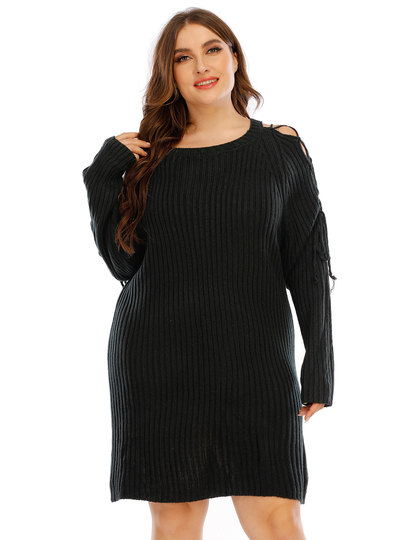 Plus Size Round Neck Lace-up Design Long Sleeves Mini Dress