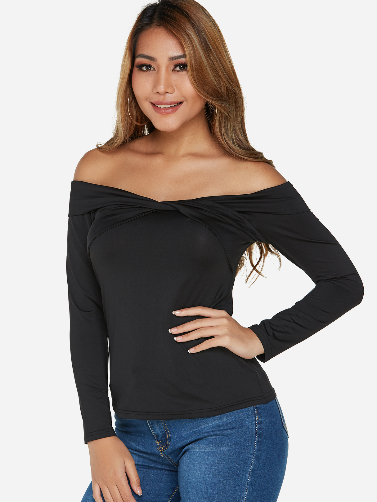 YOINS BASICS Black Crossed Front Design Plain Off The Shoulder Long Sleeves T-shirts