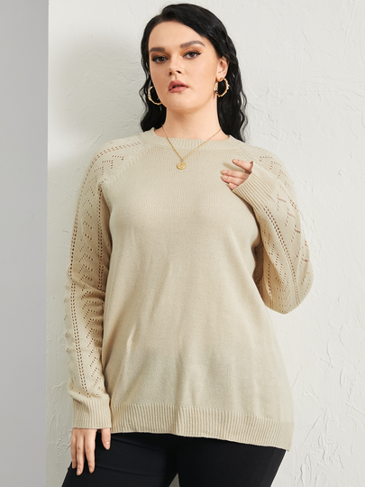 Plus Size Crew Neck Hollow Design Long Sleeves Sweater