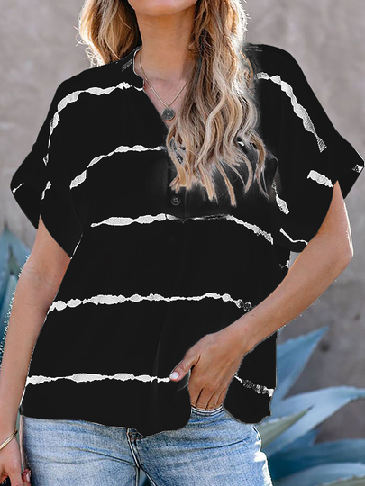 Black Front Button Striped V-neck Short Sleeves Blouse