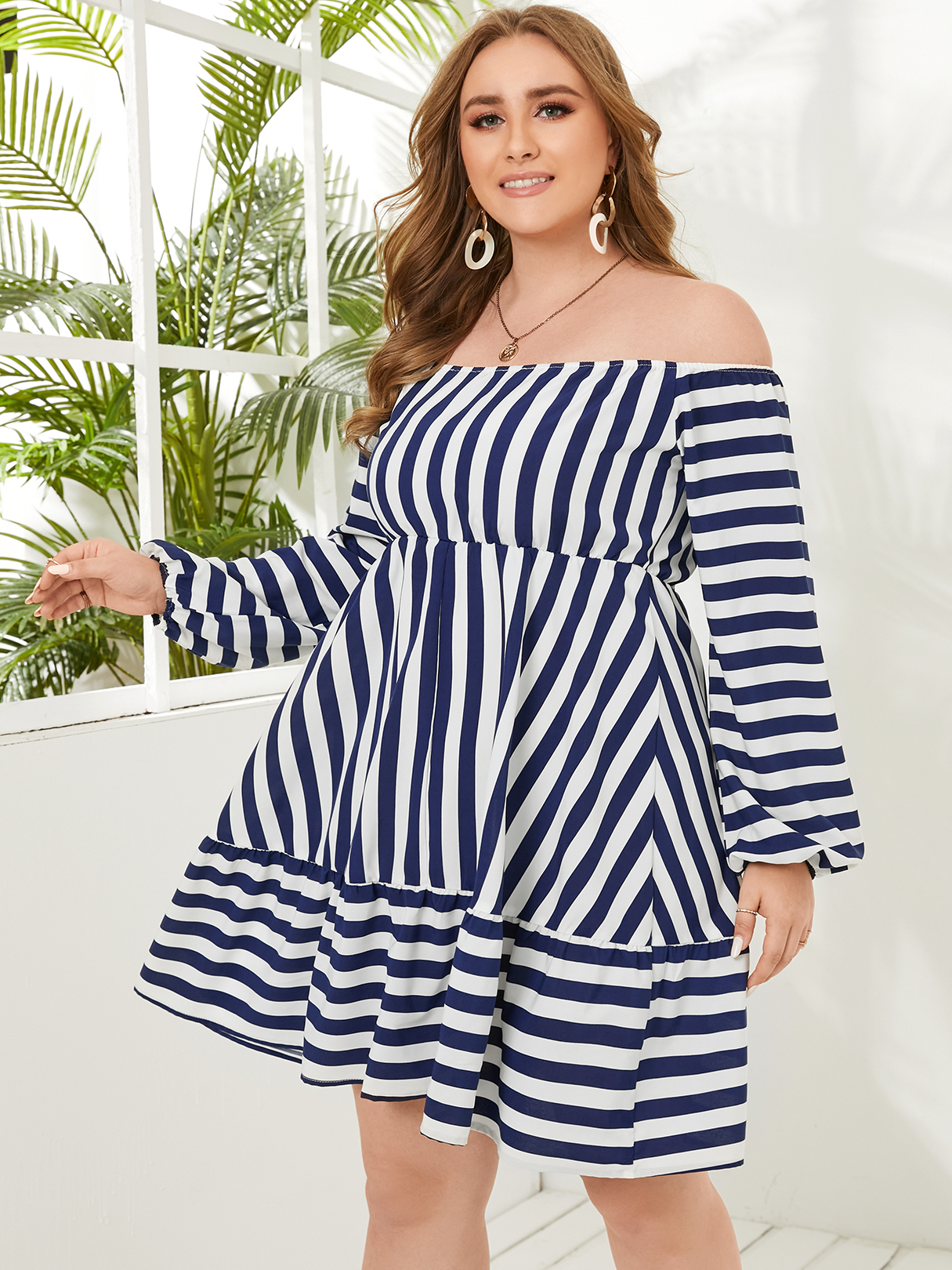 YOINS Plus Size Off The Shoulder Striped Long Sleeves Dress