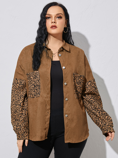 YOINS Plus Size Leopard Button Design Patchwork Pocket Jacket