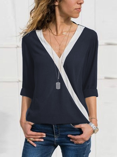 Navy Patchwork Crossed Front Design V-neck Long Sleeves Blouse