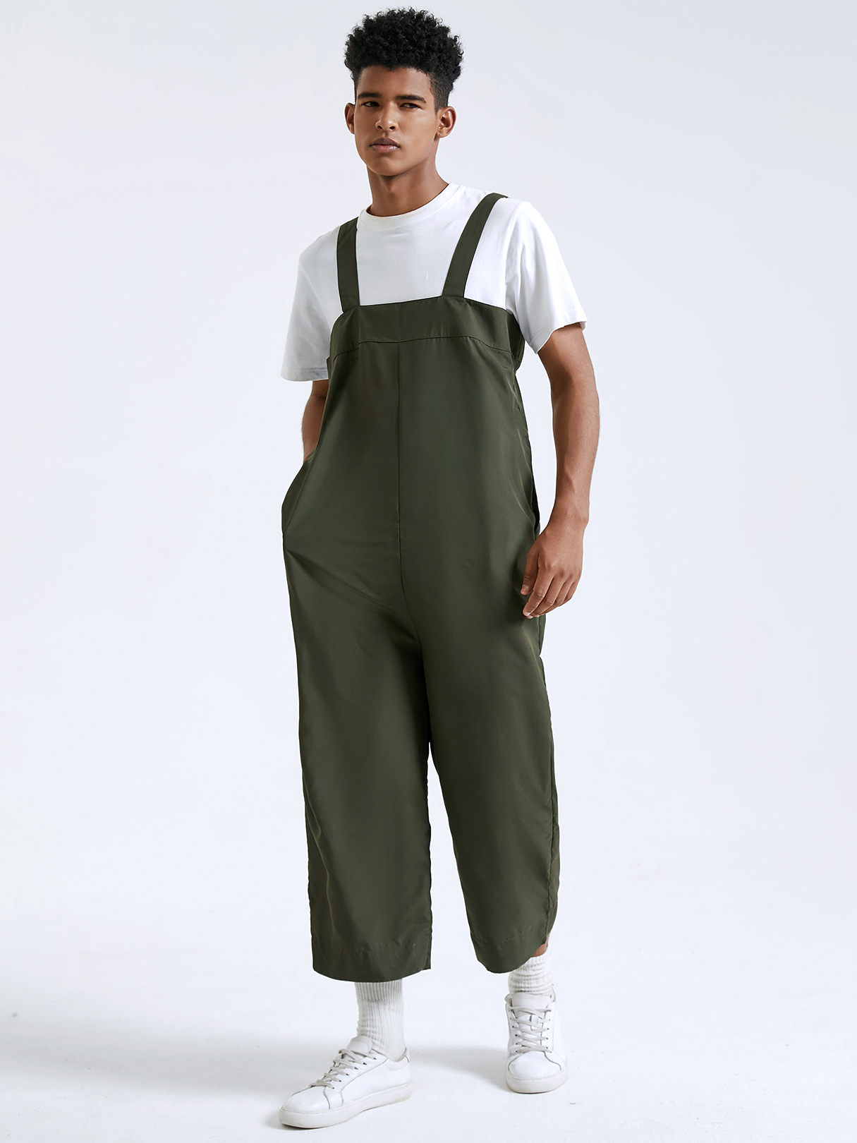 Men Korean Style Solid Color Suspenders Loose Wide Leg Overalls Jumpsuit