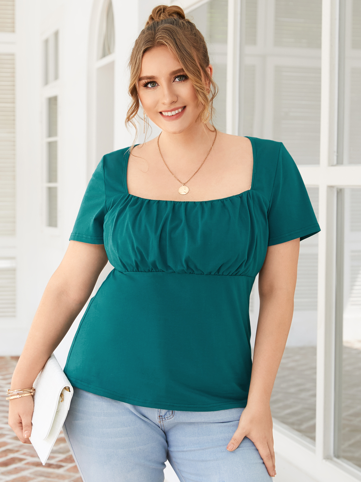 YOINS BASICS Plus Size Square Neck Pleated Short Sleeves Blouse