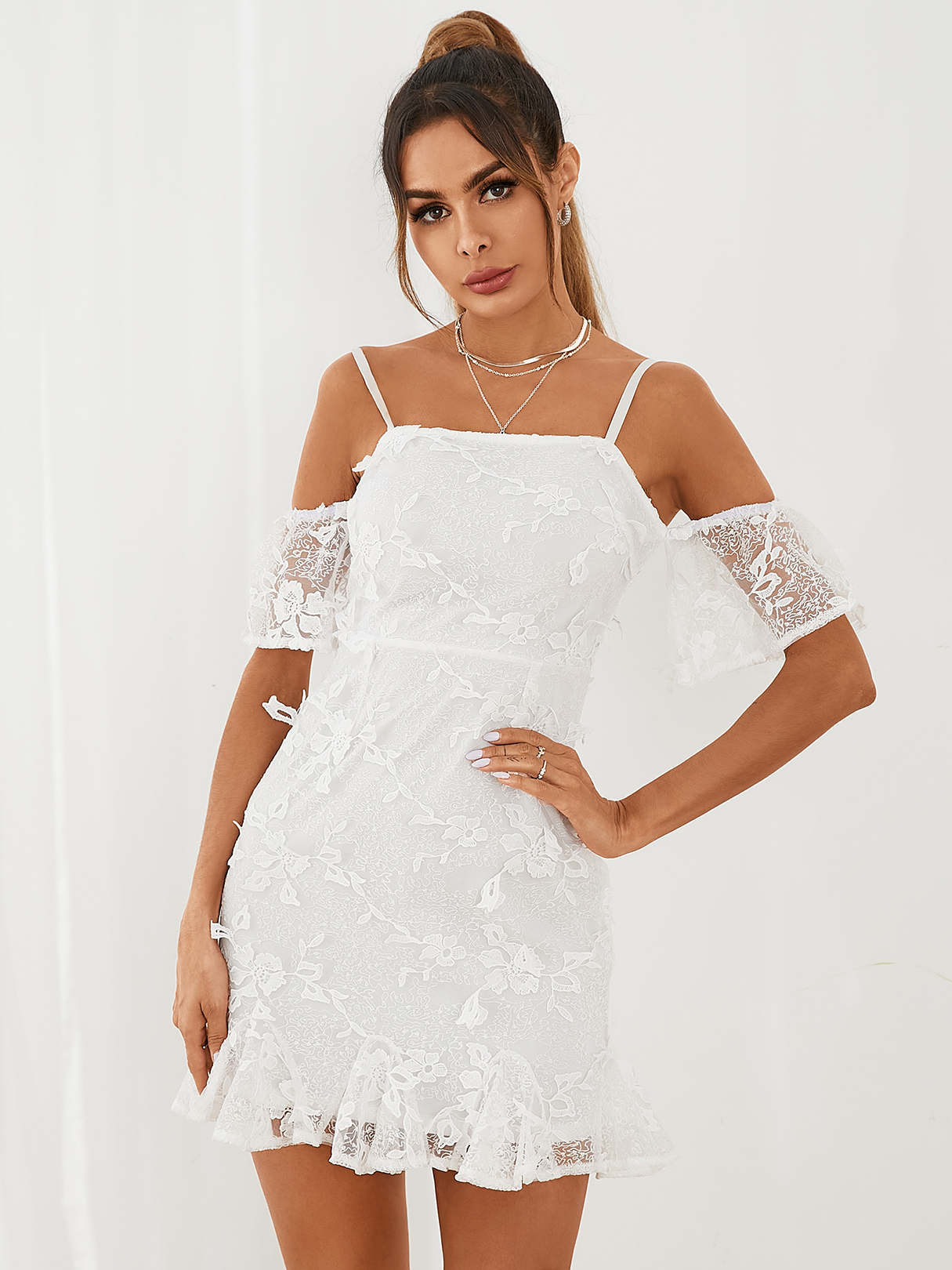 YOINS Cold shoulder Ruffle trim With Lining Short sleeves Mini Dress