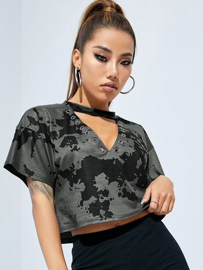 YOINS Print Choker Neck Cut Out Short Sleeves Tee