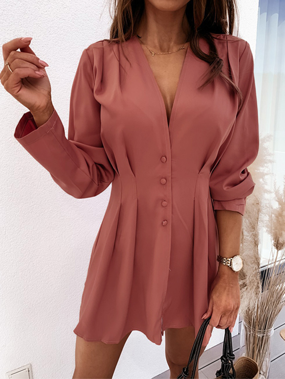 Casual Front Button V-neck Long Sleeves Dress