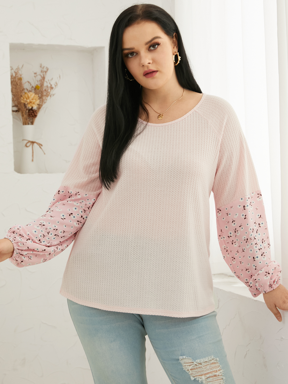 YOINS Plus Size Round Neck Calico Waffle Knit Patchwork Design Long Sleeves Knitwear