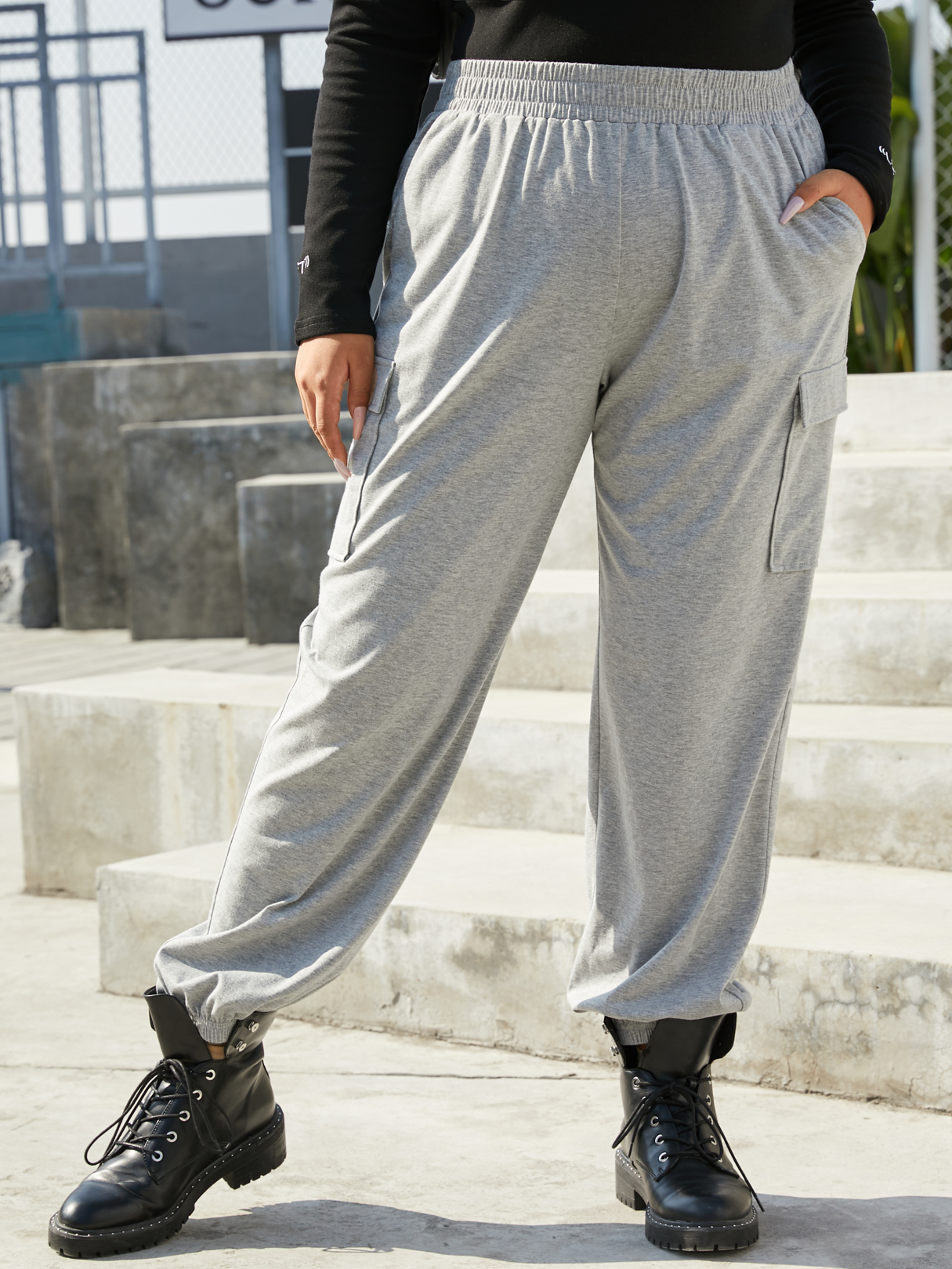 YOINS Plus Size Grey Pocket Design Pants