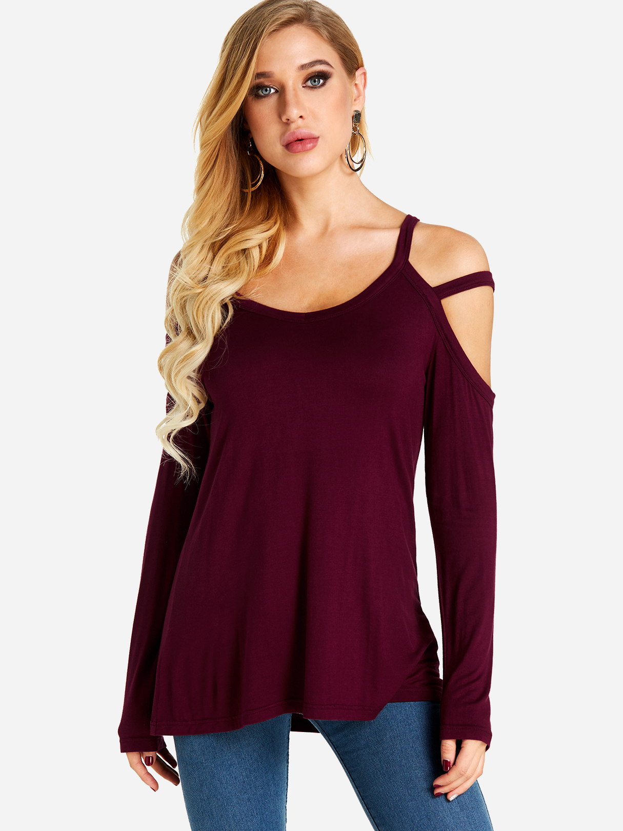 Burgundy Cold Shoulder Long Sleeves Casual Top