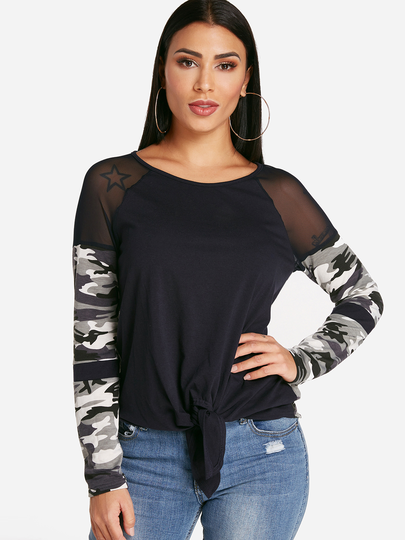 Black Camouflage Patchwork Crew Neck Self Tie Design Long Sleeves T-shirts
