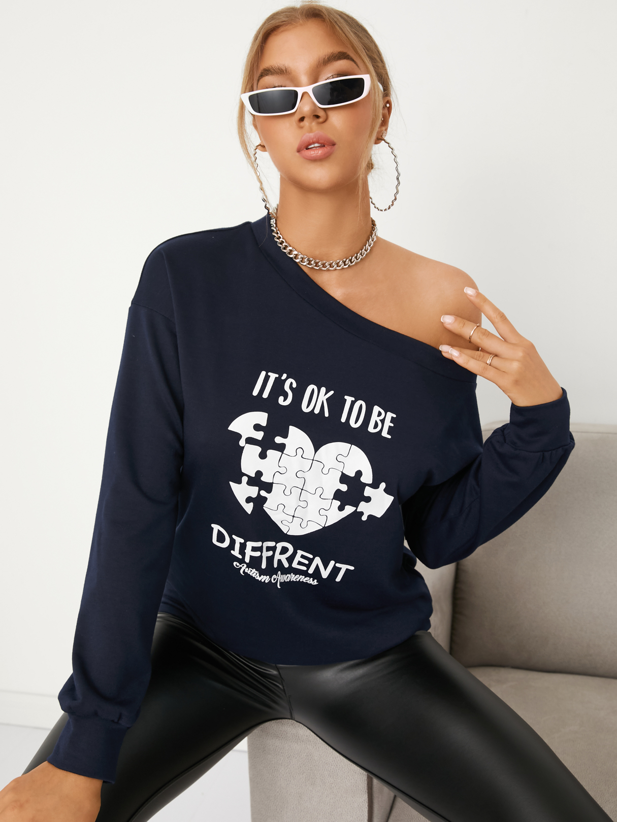 Navy Graphic One Shoulder Long Sleeves Sweatshirt