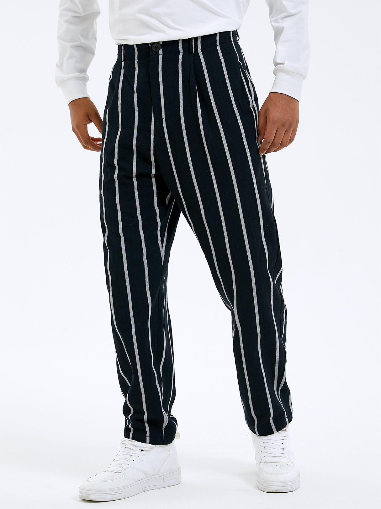 Men Retro Striped Print Loose Zip Front Casual Pants