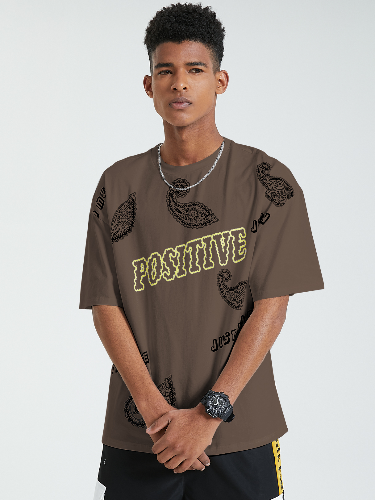 KOYYE Men Casual Summer Paisley Letter Print T-Shirt