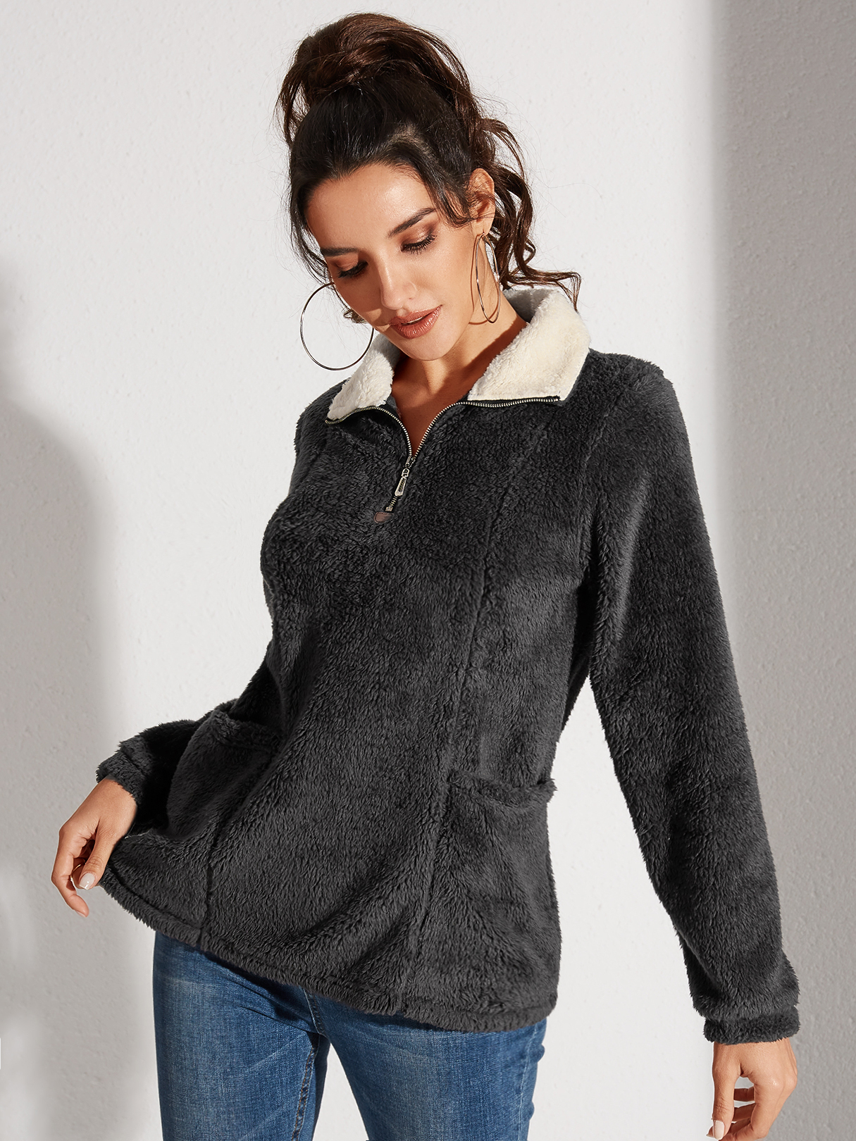YOINS Black Zip Front Lapel Collar Long Sleeves Sweatshirt