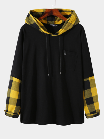 Men 100% Cotton Plaid Sleeves Patchwork Hoodies