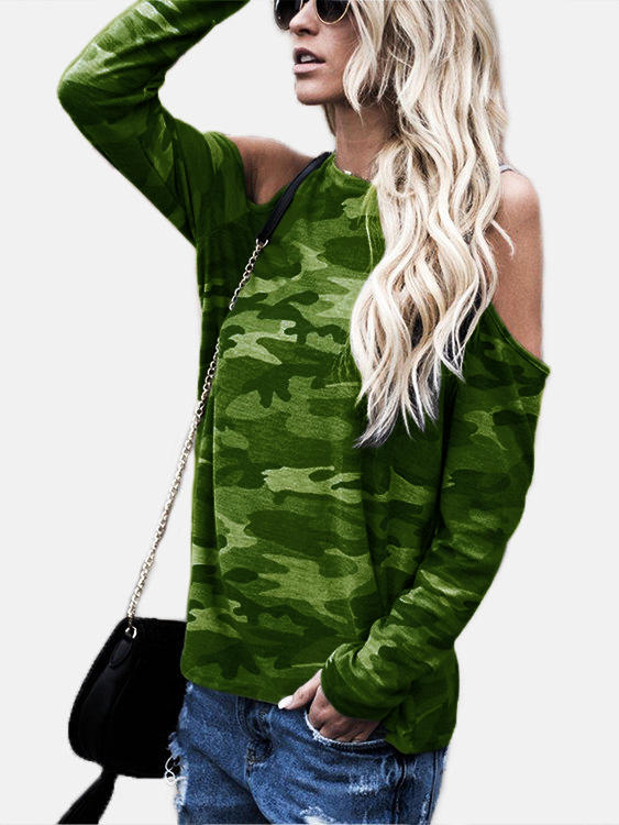 Green Camouflage Round Neck Cold Shoulder Long Sleeves T-shirt