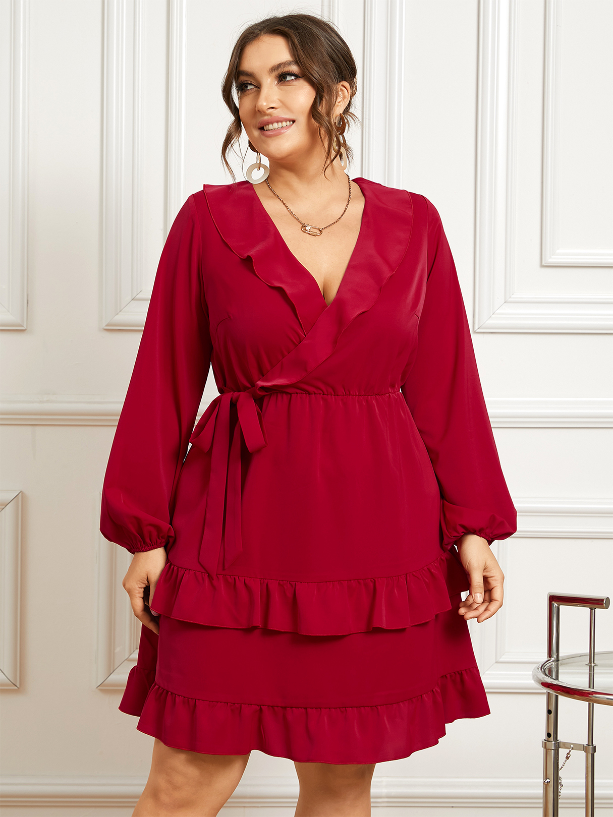 YOINS BASICS Plus Size Double Layer Crossed Front Design Long Sleeves Dress