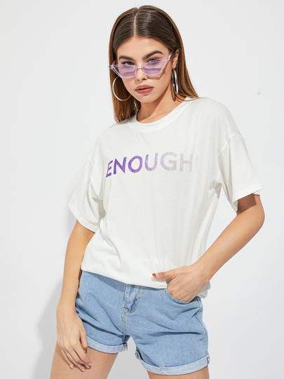 YOINS White Ombre Letter Print Crew Neck Short Sleeves Tee