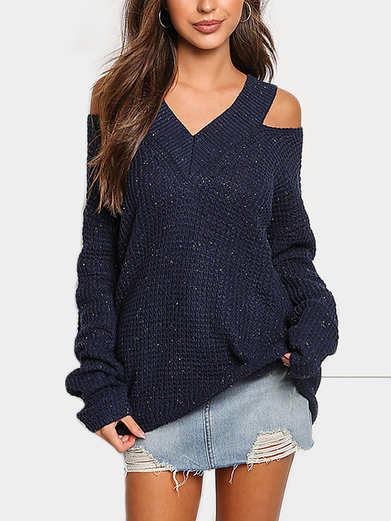 Navy Cold Shoulder V-neck Long Sleeves Sweater