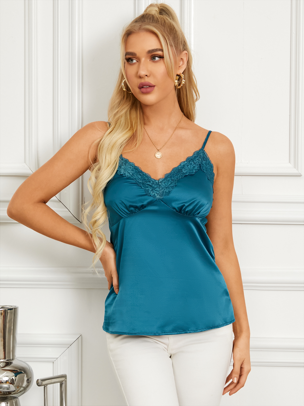 YOINS Blue Lace Trim Ruched Detail V-neck Cami