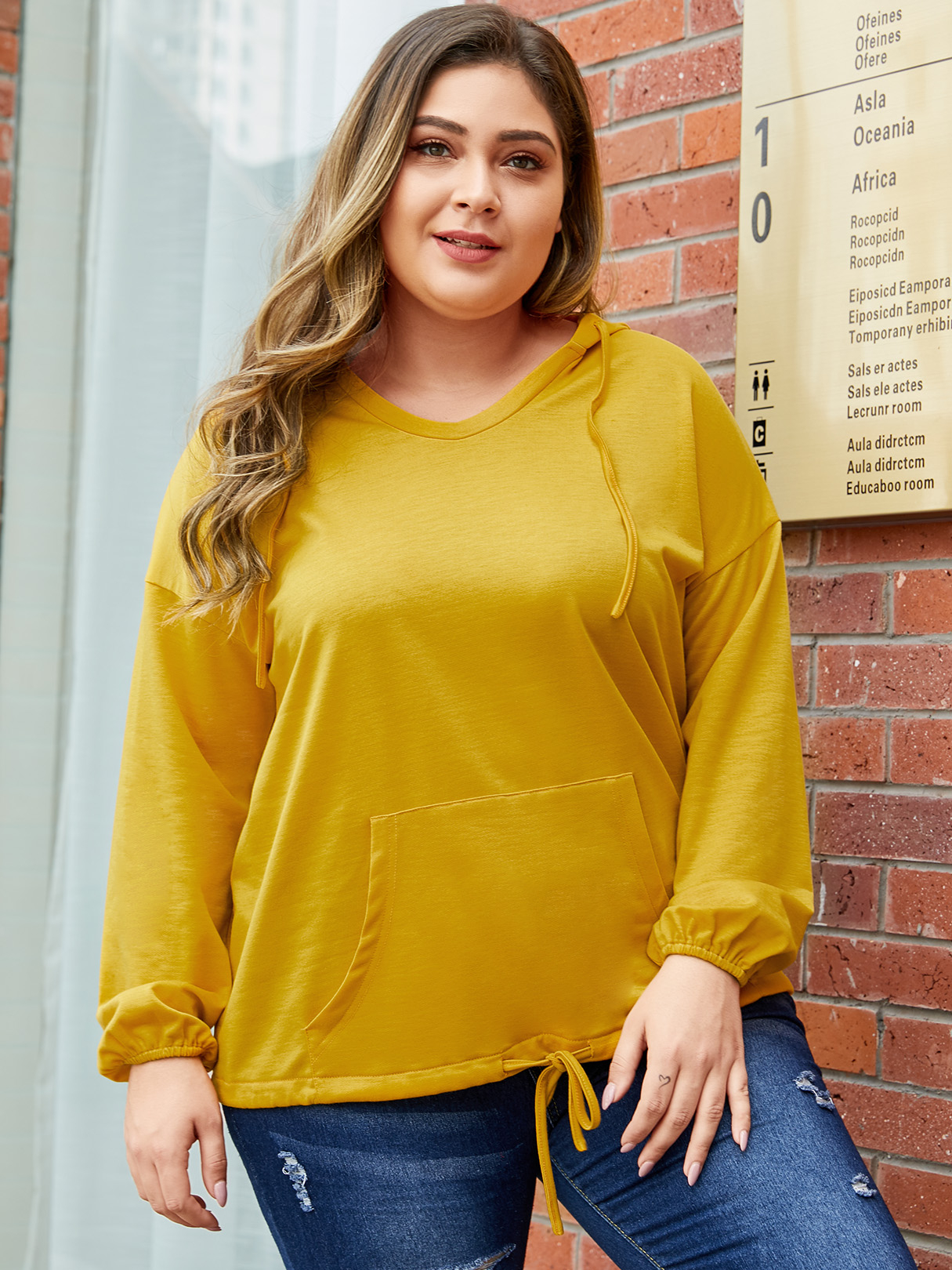 YOINS Plus Size Yellow Long Sleeves Sweatshirt