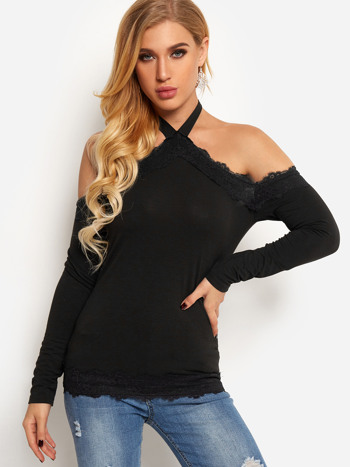 Black Eyelash Lace Trim Halter Long Sleeves Top