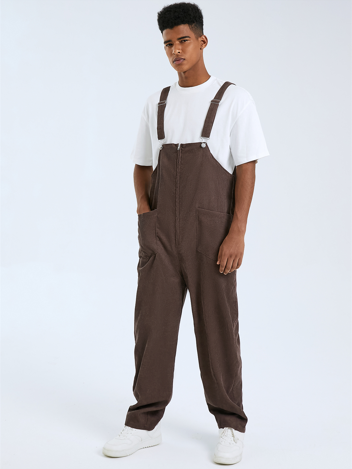 Men Fashion Corduroy Zip Front Bib Suspender Overalls Jumpsuit