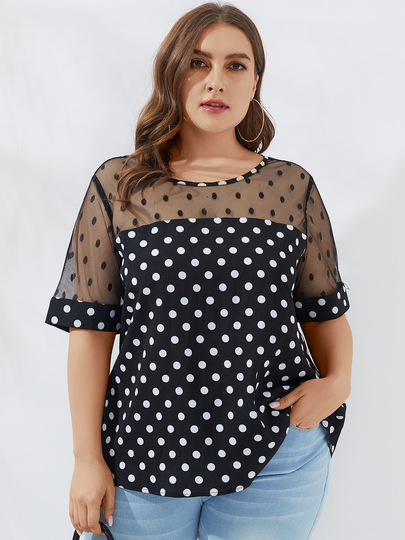 YOINS Plus Size Black Mesh Polka Dot Short Sleeves Tee